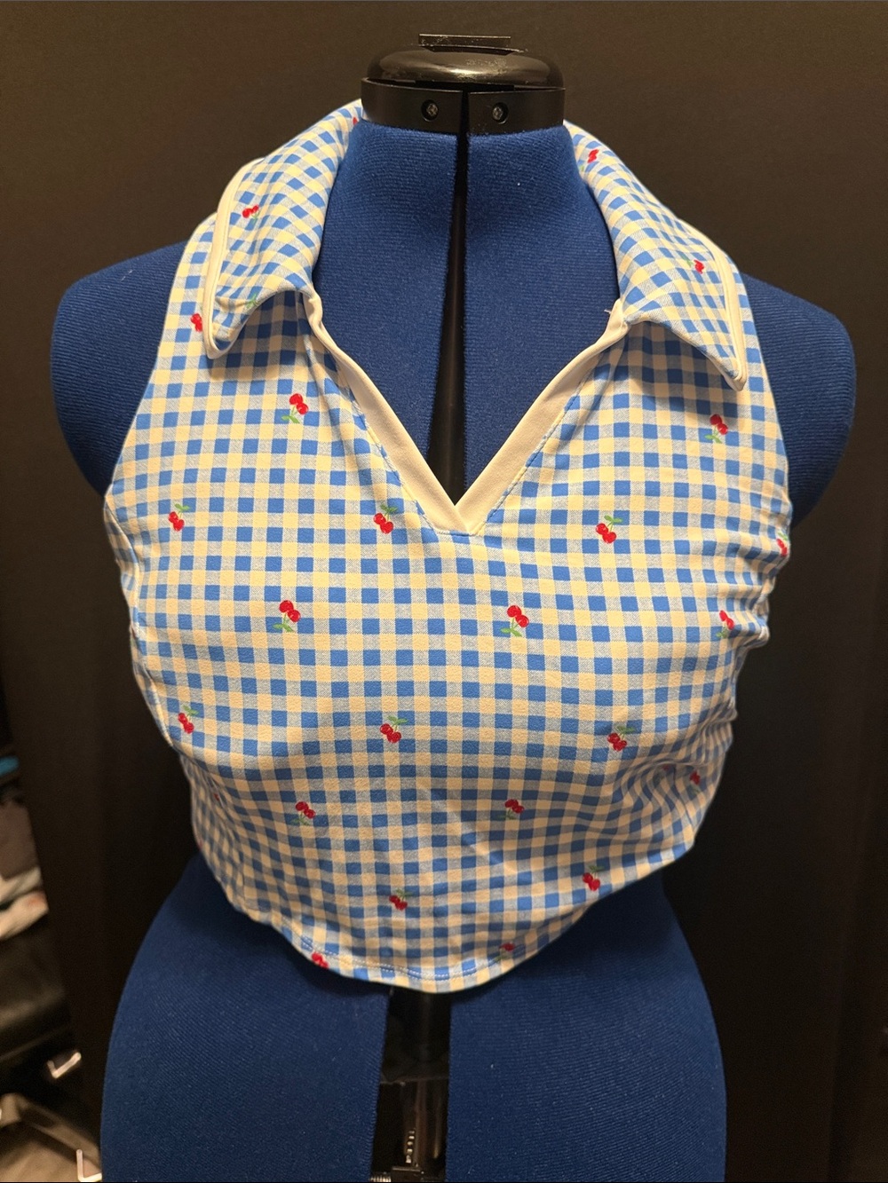 Target All In motion Blue Gingham Collared Halter Top-crop with Cherries